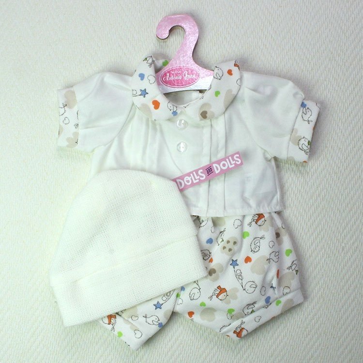 Completo bambola Antonio Juan - Completo uccelli e cuori con cappello color crema 40-42 cm