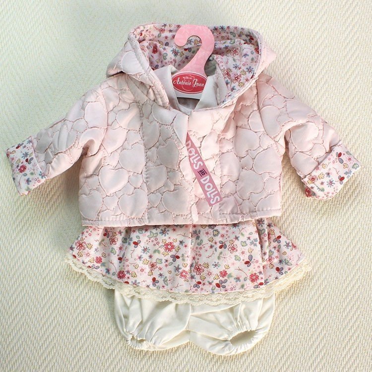 Completo bambola Antonio Juan - Abito floreale con cuori rosa piumino trapuntato con cappuccio 40-42 cm