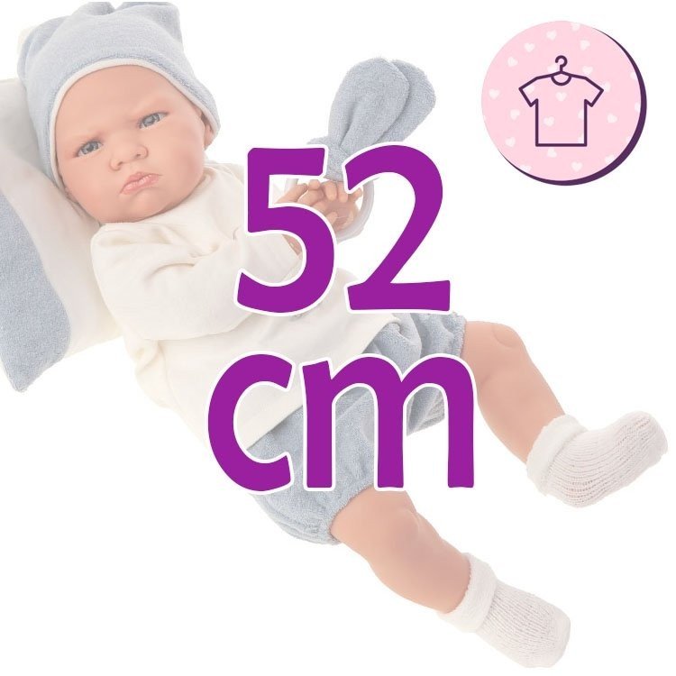Completo per bambola Antonio Juan 52 cm - Collezione Mi Primer Reborn - Pigiama bianco e blu con cappello, cuscino e massaggiagengive