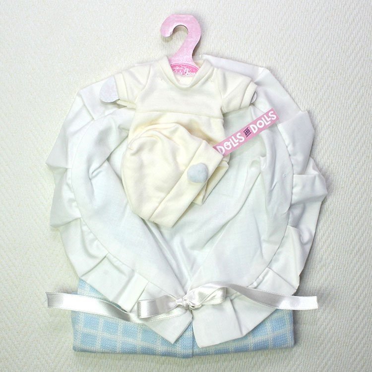 Completo bambola Antonio Juan - Tutina beige con cappello e coperta a quadretti azzurri 26-27 cm