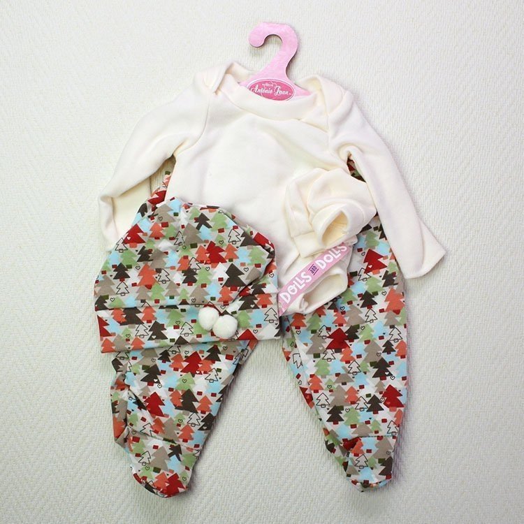 Completo bambola Antonio Juan - Body maniche lunghe, leggings, berretto e muffole multicolor abeti 40-42 cm