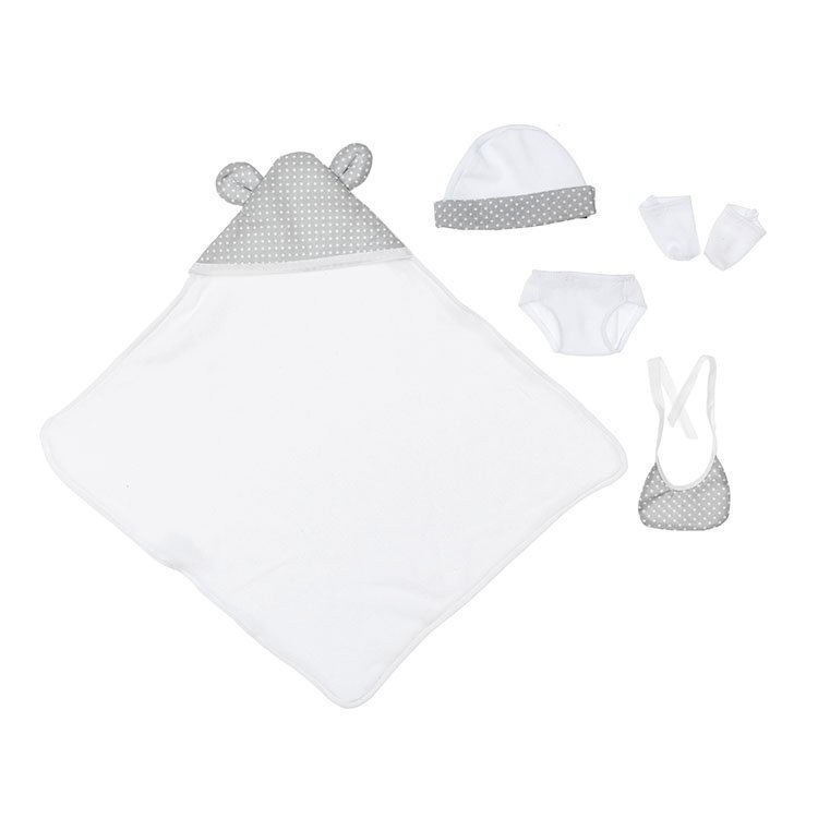 Completo per bambola Así 28 cm - Mantella da bagno bianca con cappello, mutandine, stivaletti e bavaglino per Gordi