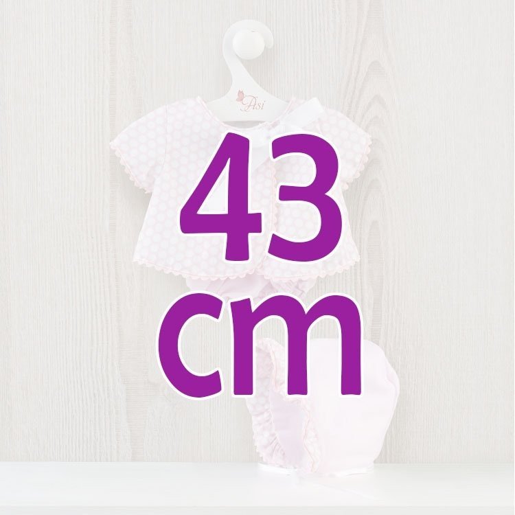 Completo per bambola Así 43 cm - Abito in piquet rosa con cerchi bianchi per bambola María