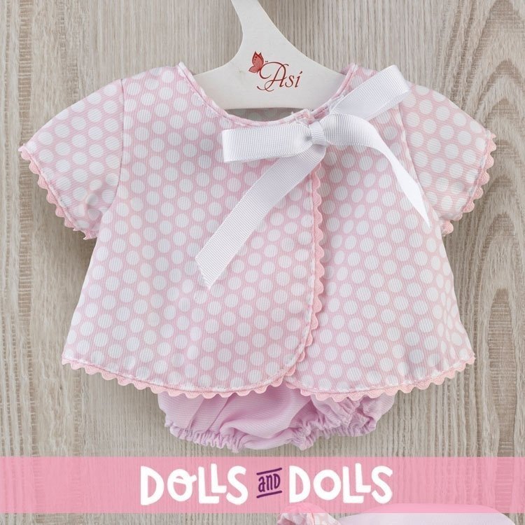 Completo per bambola Así 43 cm - Abito in piquet rosa con cerchi bianchi per bambola María