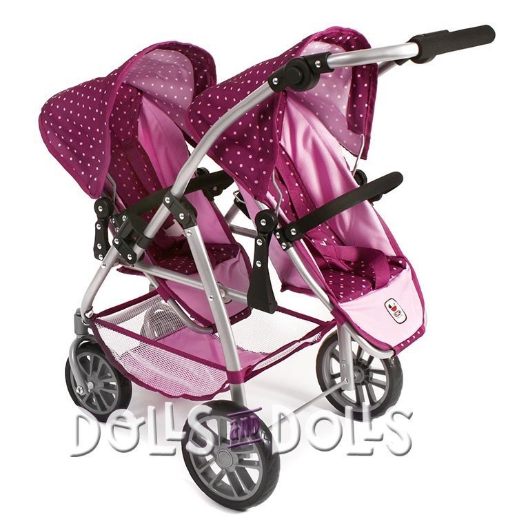 Passeggino gemellare Vario 79 cm per bambole - Bayer Chic 2000 - Pois rosa lampone