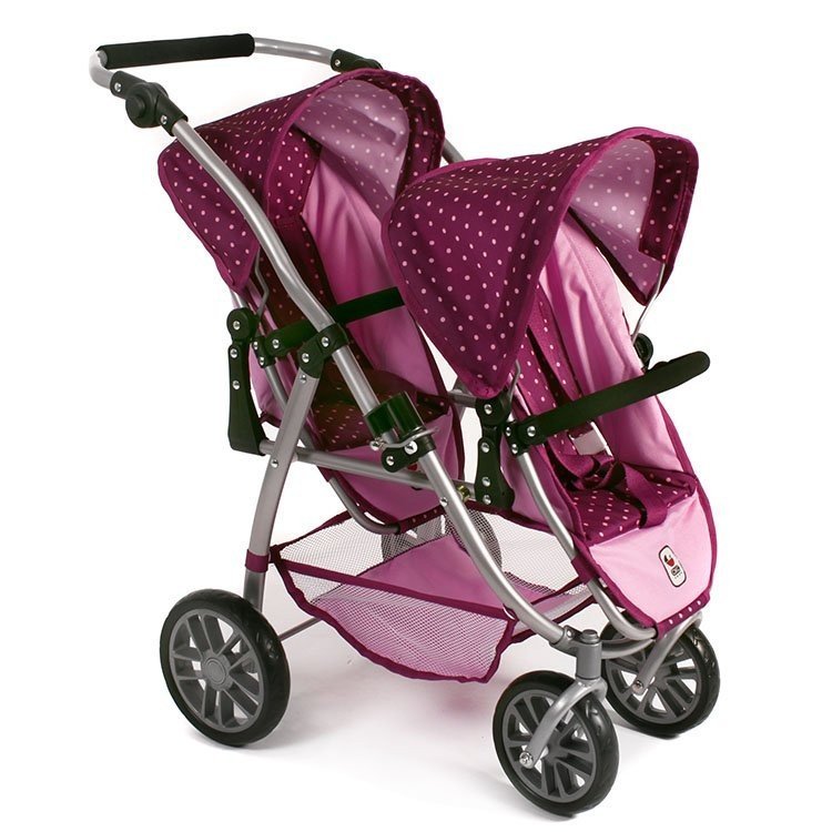 Passeggino gemellare Vario 79 cm per bambole - Bayer Chic 2000 - Pois rosa lampone