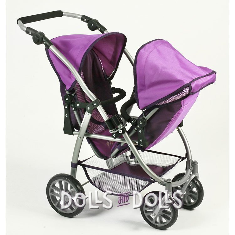 Passeggino gemellare Vario 79 cm per bambole - Bayer Chic 2000 - Viola a scacchi con farfalle