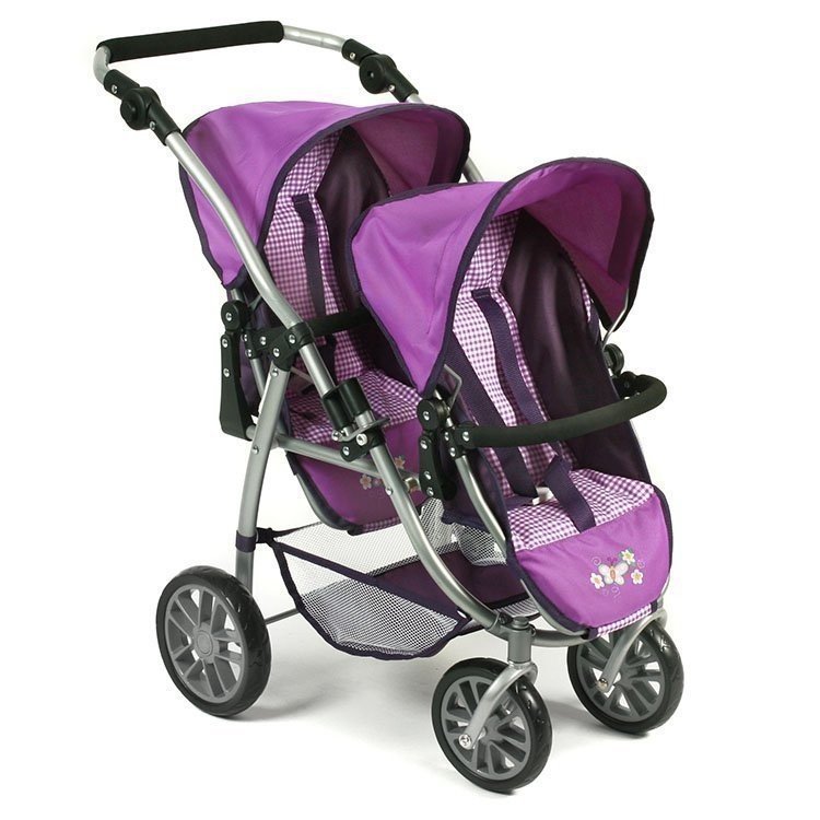 Passeggino gemellare Vario 79 cm per bambole - Bayer Chic 2000 - Viola a scacchi con farfalle