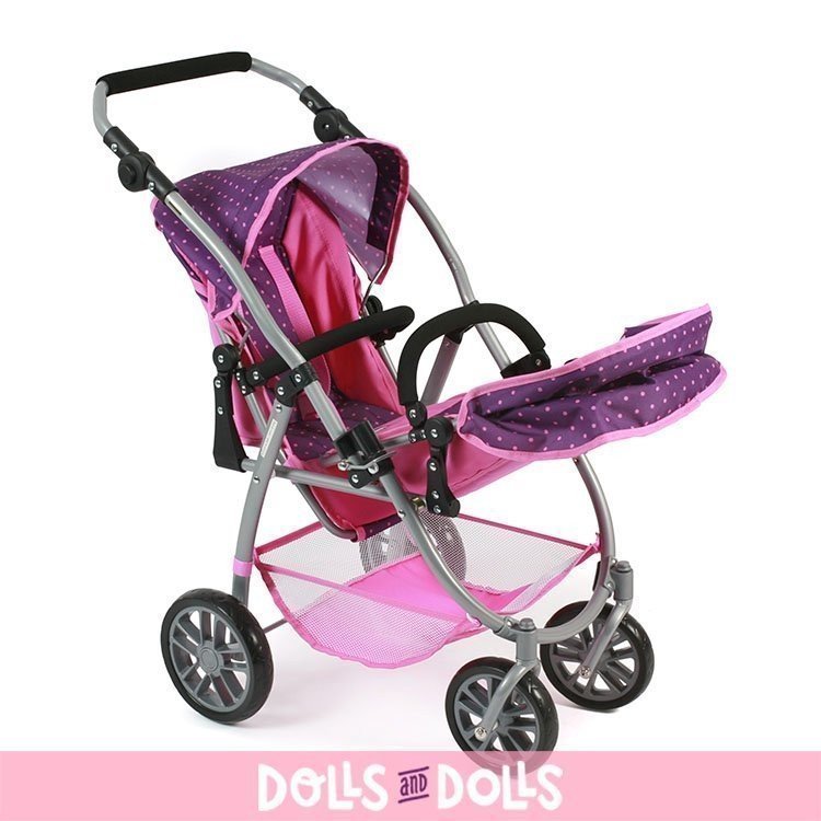 Passeggino gemellare Vario 79 cm per bambole - Bayer Chic 2000 - Dots Purple Pink