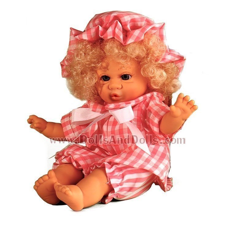 Bambola Berjuan 30 cm - Gestitos Piccola bambola con il viso - Vestito rosa a scacchi per bambina