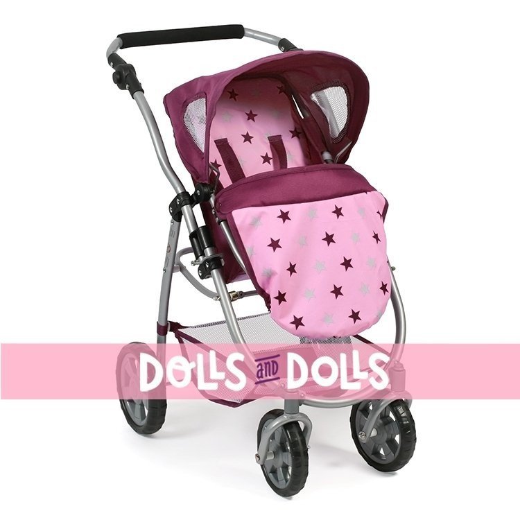 Emotion 2 in 1 carrozzina per bambole 77 cm - Combinazione sedia e navicella - Bayer Chic 2000 - Stelle rosa lampone