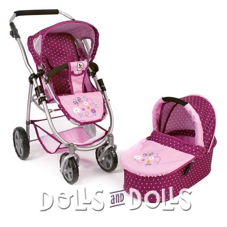 Emotion 2 in 1 carrozzina per bambole 77 cm - Combinazione sedia e navicella - Bayer Chic 2000 - Pois rosa lampone