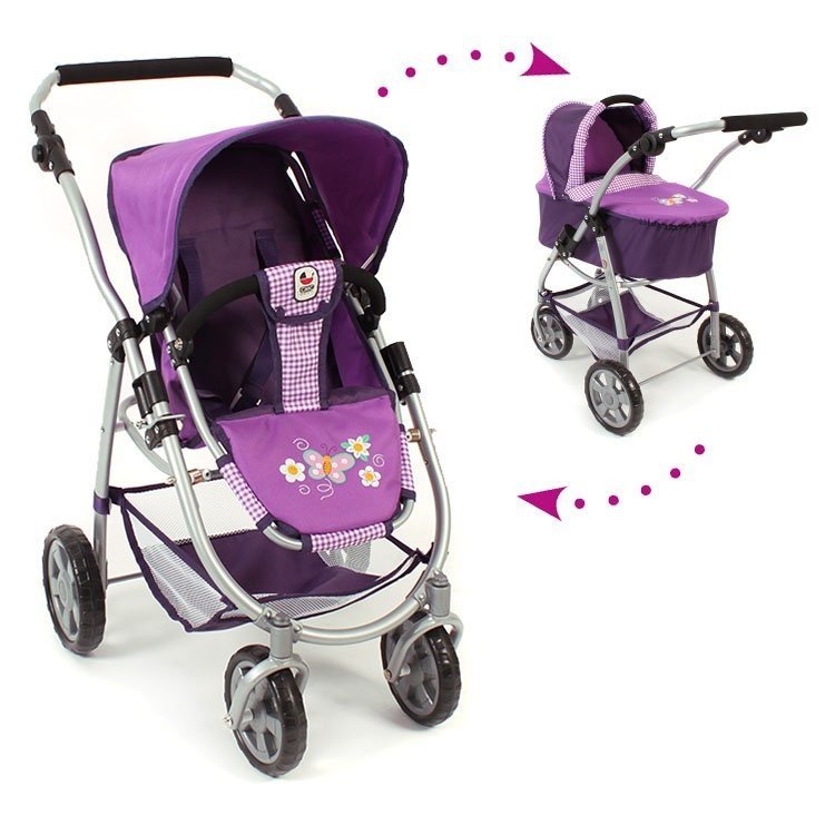 Emotion 2 in 1 carrozzina per bambole 77 cm - Combinazione sedia e navicella - Bayer Chic 2000 - Scacchi e viola con farfalla