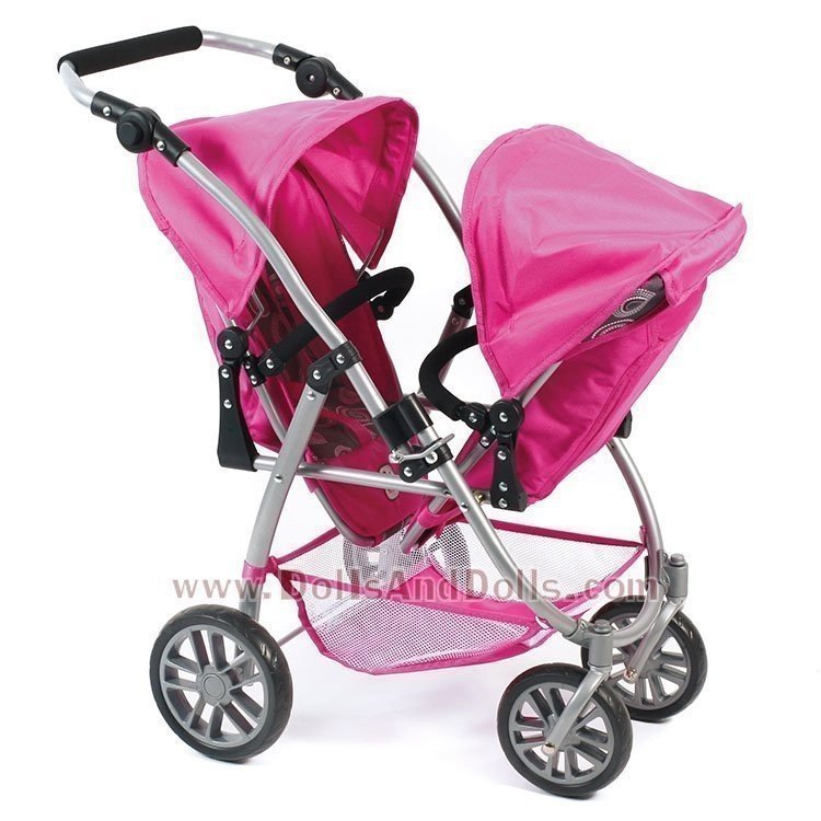 Passeggino gemellare Vario 79 cm per bambole - Bayer Chic 2000 - Fantasia fucsia e perle