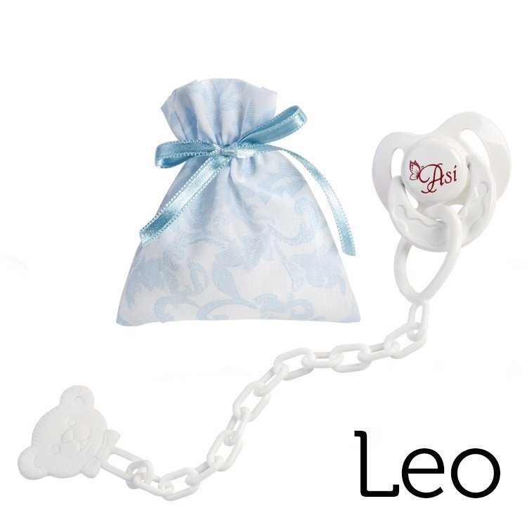 Complementi per bambole Leo di Así - Ciuccio con clip e borsa in cashmere azzurro e bianco