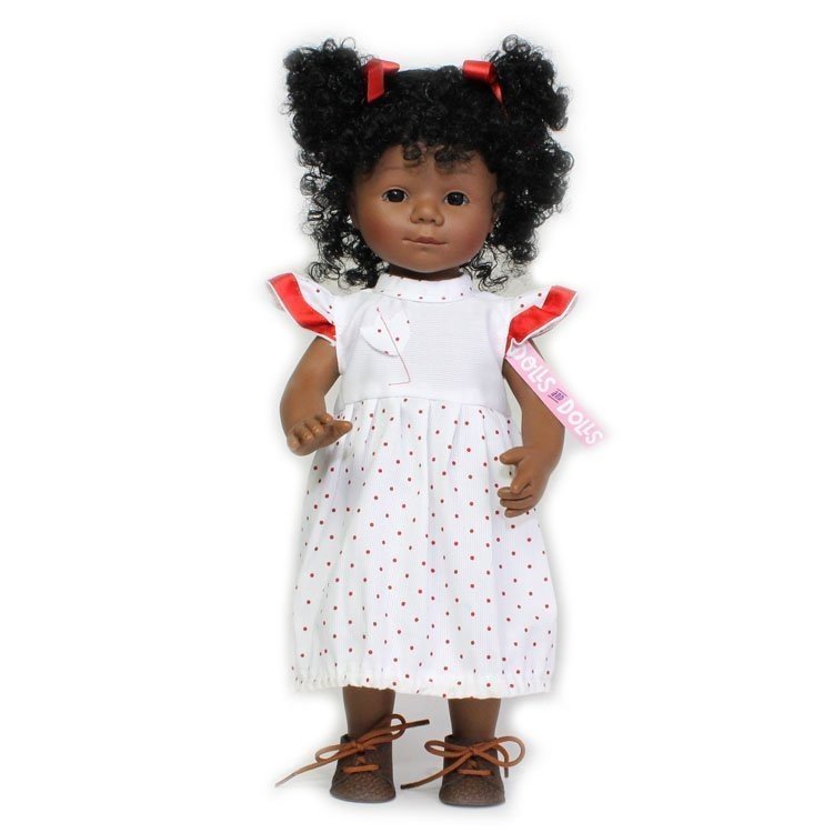 Bambola D'Nenes 34 cm - Marieta afroamericana con abito bianco a pois rossi