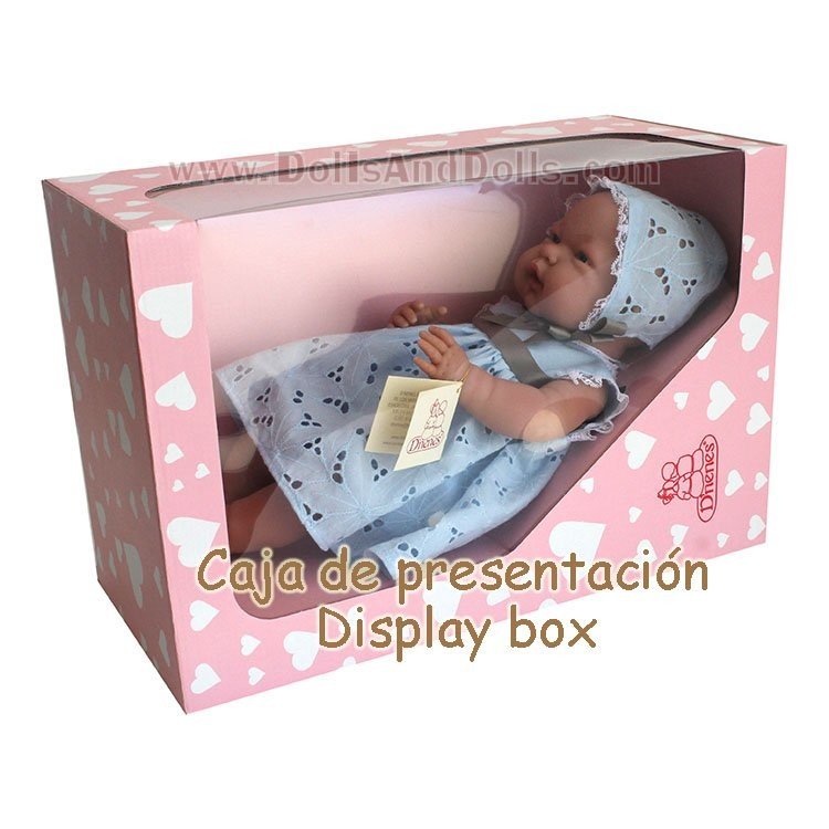 Bambola D'Nenes 43 cm Mio Mio - Baby doll con vestito traforato in maglia beige con finiture blu