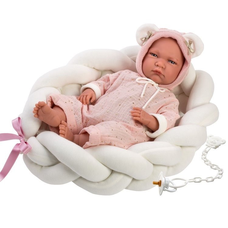 Bambola Llorens 42 cm - Lala piangente neonato con culla a treccia
