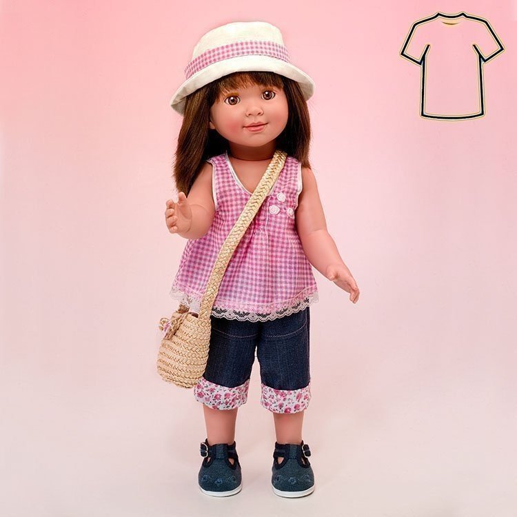 Completo bambola Miel de Abeja 45 cm - Carolina - Blusa rosa a quadri con pantalone cowboy