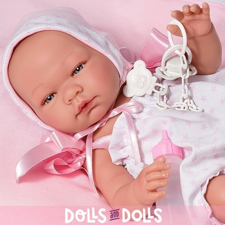 Bambola Así 43 cm - María con tutine bianche e stelle rosa con coperta