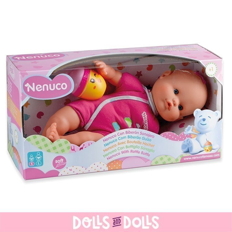 Bambola Nenuco 35 cm - Nenuco con bottiglia sonaglio e pagliaccetti rosa