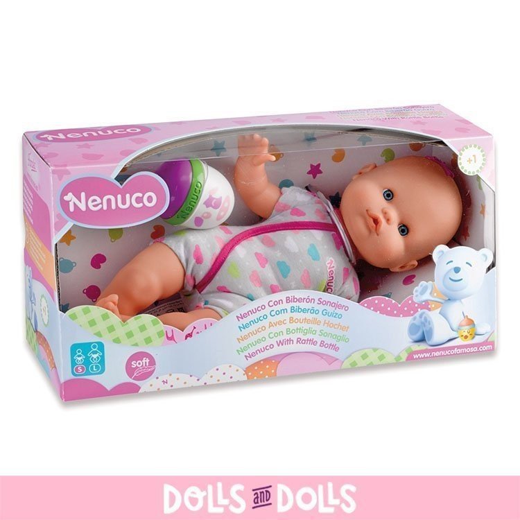 Bambola Nenuco 35 cm - Nenuco con bottiglia sonaglio e pagliaccetti grigi