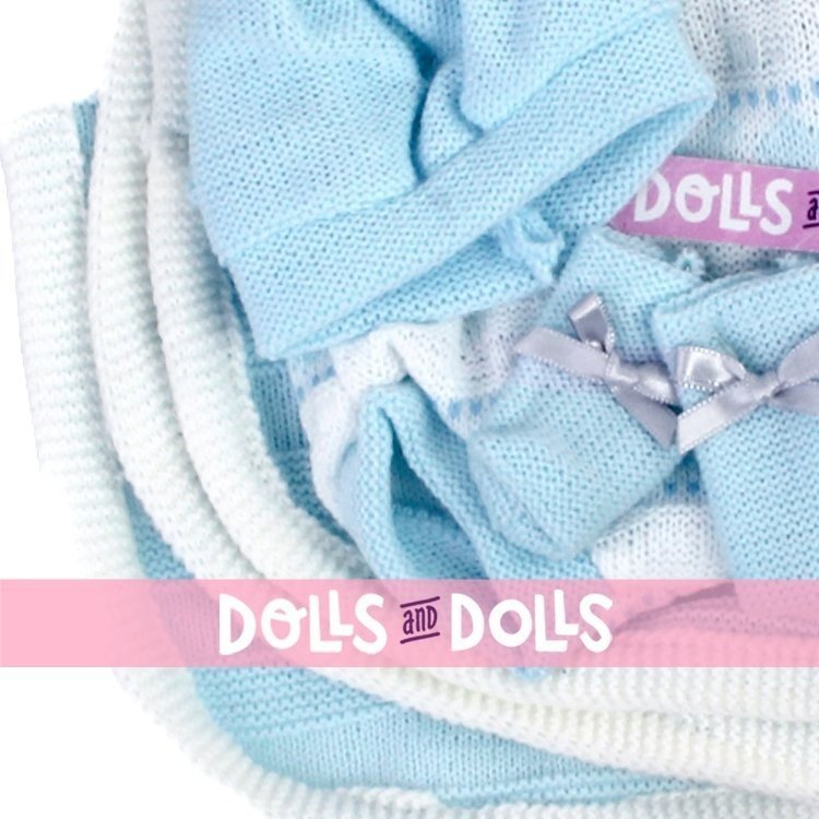 Vestiti per bambole Llorens 26 cm - Tutina per bebè stampata blu con stivaletti, cappello e coperta