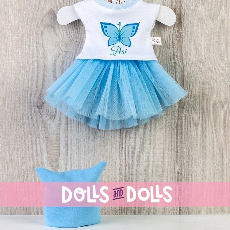 Completo per bambola Así 40 cm - Gonna in tulle blu, camicia farfalla e cappello blu per bambola Sabrina