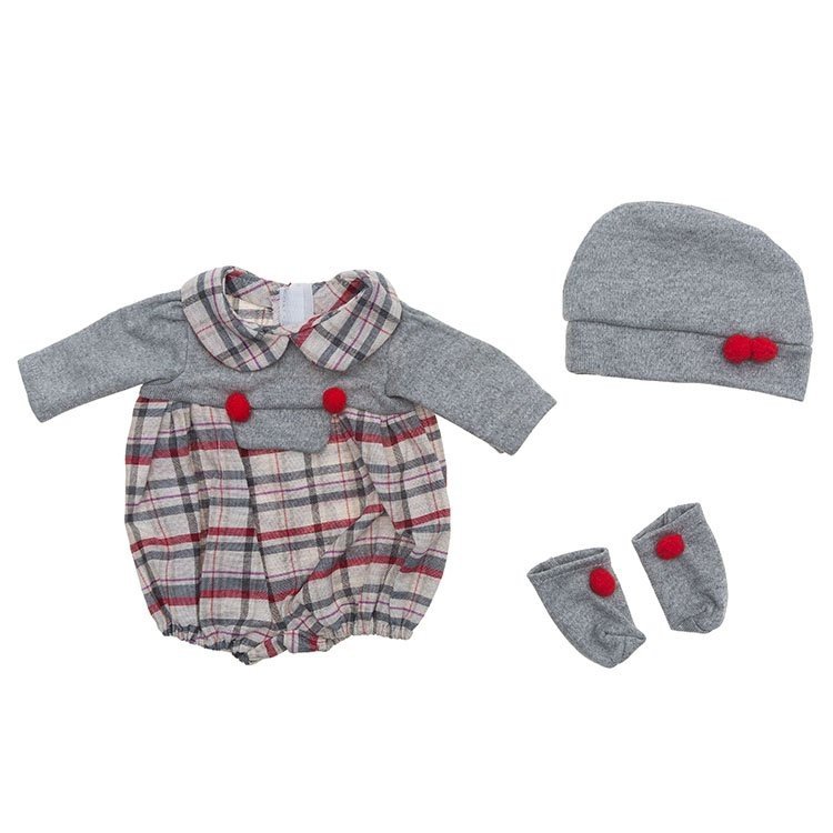 Completo per bambola Así 46 cm - Tutina scozzese rossa e grigia con cappello e stivaletti per Leo