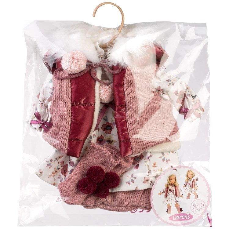 Vestiti per bambole Llorens 40 cm - Abito rosso a fiori con gilet e calze con cappuccio