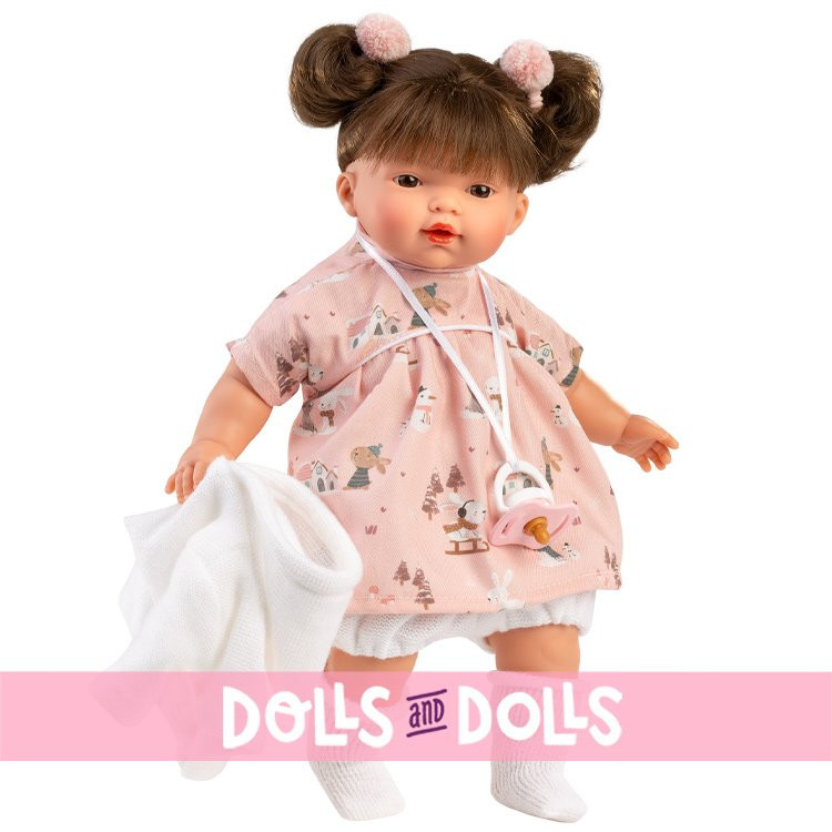 Bambola Llorens 33 cm - Vera Piangente con un vestito invernale con coniglietti