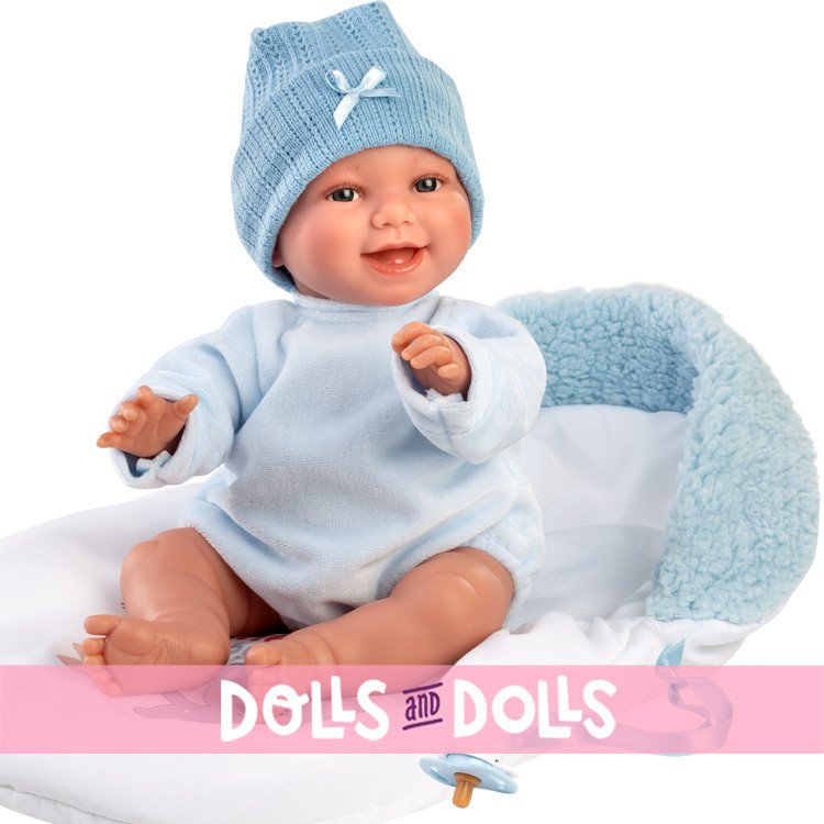 Bambolo Llorens 38 cm - Liam sorride con un sacco a pelo azzurro