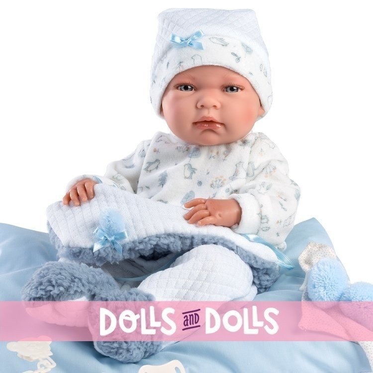 Bambola Llorens 40 cm - Nico neonato con cuscino azzurro
