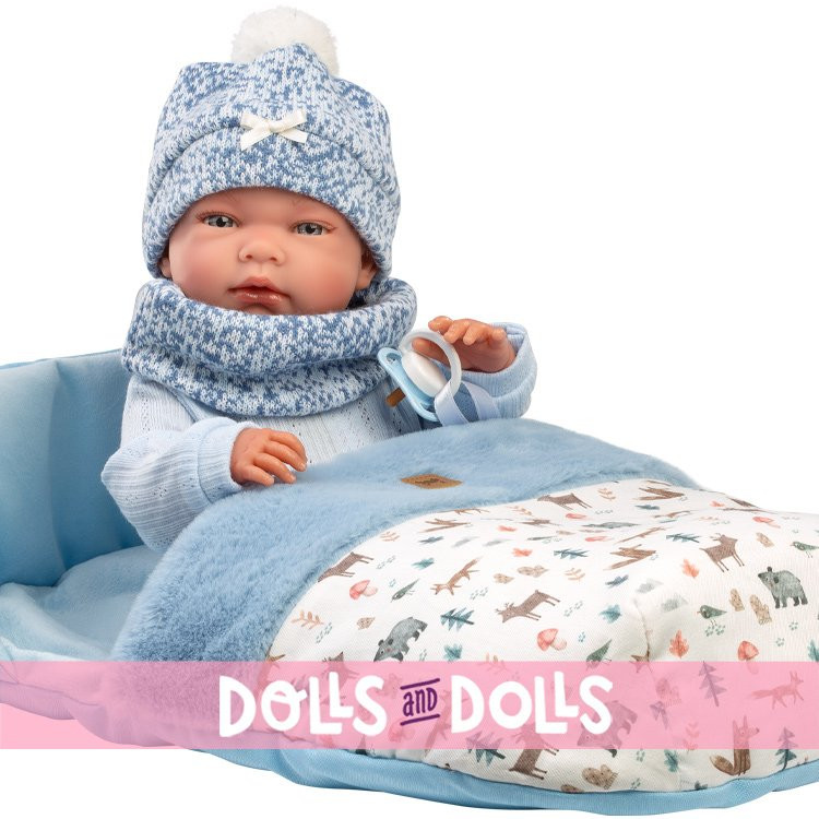 Bambolo Llorens 40 cm - Nico neonato con un sacco a pelo blu