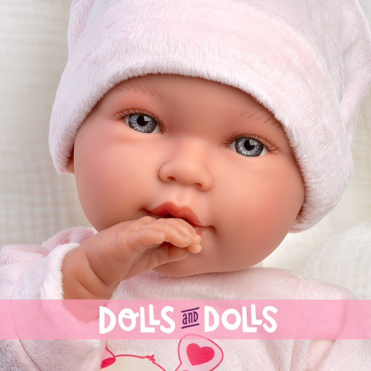 Bambola Llorens 42 cm - Neonata piagnucolone Abril con sacco a pelo bianco