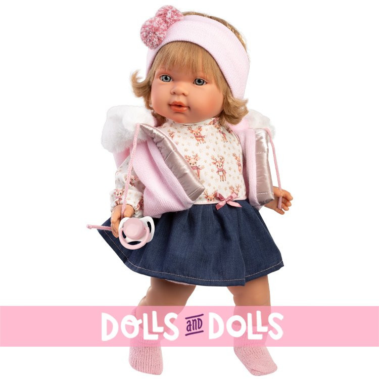 Bambola Llorens 42 cm - Carla piangente con un vestito con motivo a renne e una gonna di jeans