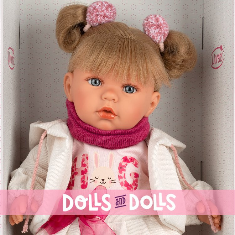 Bambola Llorens 42 cm - Julia piangente con un completo bianco e una sciarpa fucsia
