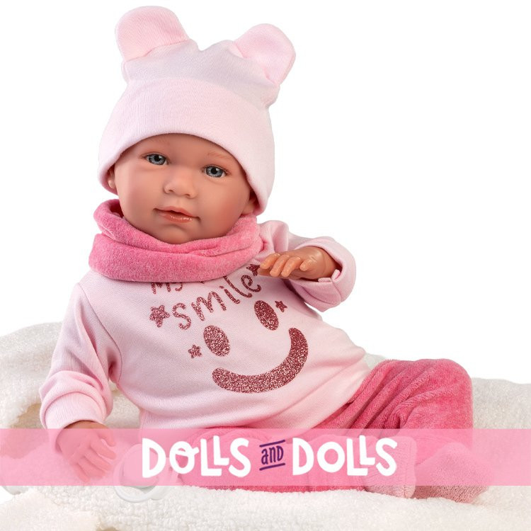 Bambola Llorens 42 cm - Neonata piagnucolone Mimì con marsupio bianco