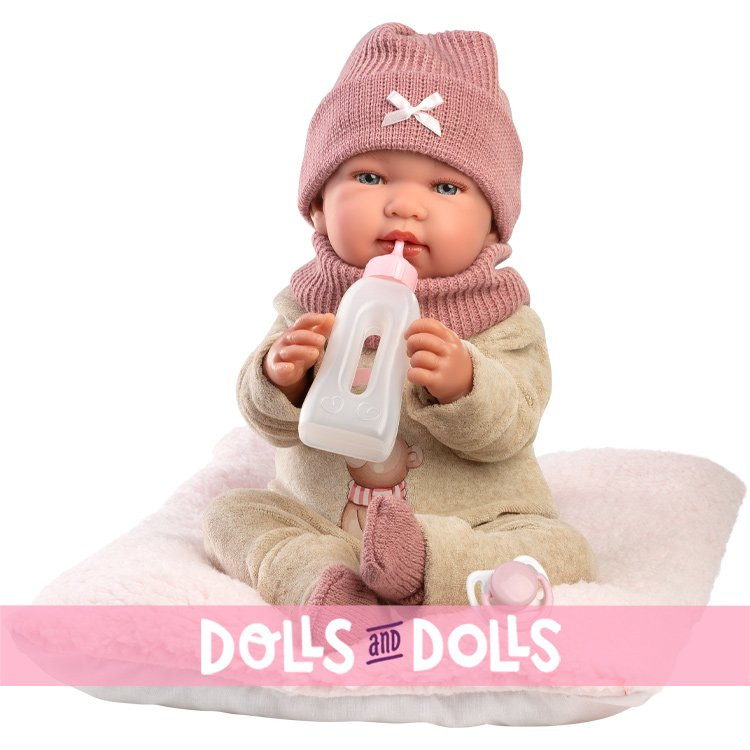Bambola Llorens 44 cm - Neonata Tina piangente con body beige con stampa di orsacchiotti