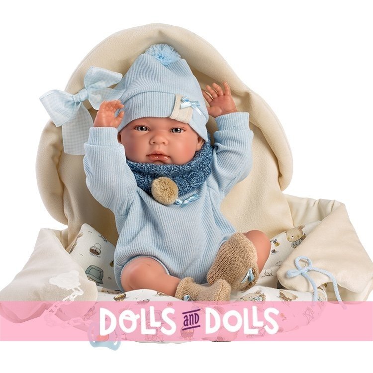 Bambola Llorens 40 cm - Nico neonato con una borsa blu