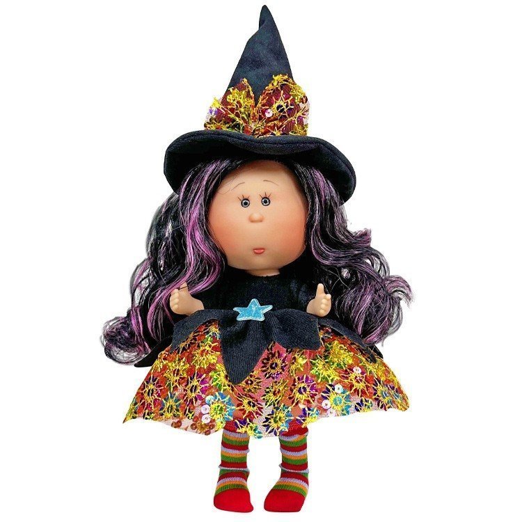 Bambola Nines d'Onil 23 cm - Piccola Mia Halloween con capelli ondulati neri e viola (Strega)