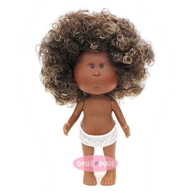 Bambola Nines d'Onil 23 cm - Little Mia con capelli ricci castano scuro e riflessi bianchi - Senza vestiti