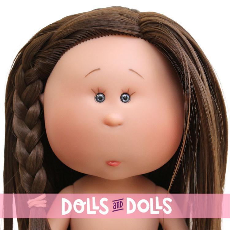 Bambola Nines d'Onil 30 cm - Mia con capelli lisci castani e treccia - Senza vestiti