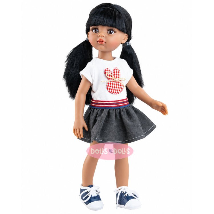 Bambola Paola Reina 32 cm - Las Amigas - Caya con t-shirt a coniglietto e gonna in denim