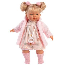 Bambola Llorens 33 cm - Roberta Piangente con un completo rosa con stampa animalier