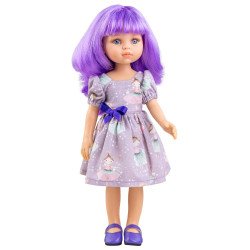 Bambola Paola Reina 32 cm - Las Amigas Funky - Kechu con abito lilla con stampa di bambole