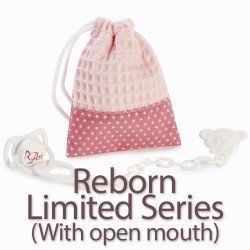 Complementi per bambole Reborn e Limited Series (a bocca aperta) di Así - Ciuccio e borsa rosa con stelle bianche