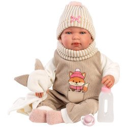Bambola Llorens 44 cm - Neonata Tina piangente con body beige con stampa di volpetta